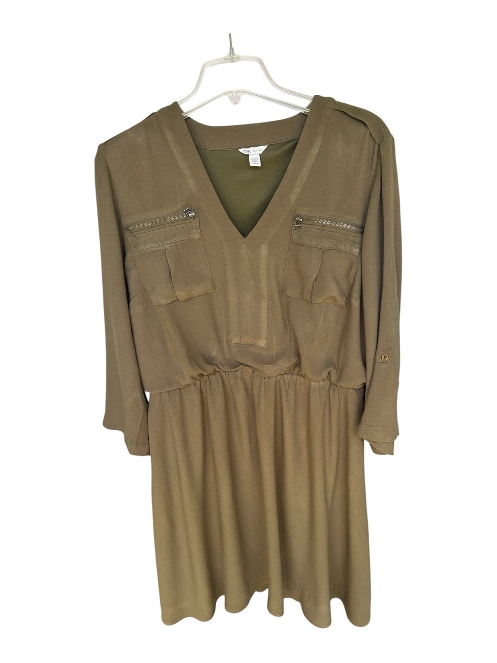 Cato Olive Green V-Neck Utility-Style Long Sleeve Dress